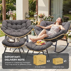 NICESOUL Outdoor Rocking Papasan Chair Set of 2 with Cushions, Comfy Oversized Padded Rockers, 2 Person Wicker Egg Gliders, 450Lbs Wide Recliner Lounge for Bedroom, Living Room, Porch, Balcony, Grey