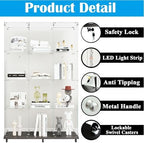 65" H 4-Shelf Glass Display Storage Cabinet with LED Lights Strip & Double Doors, Modern Curio Cabinet Collection Display Case with Lockable Casters & Lock for Living Room (Black)