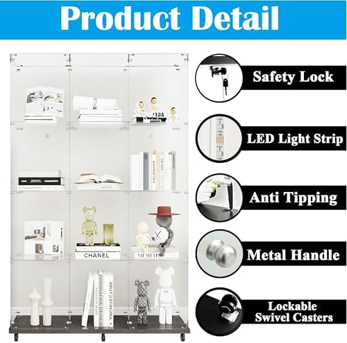 65" H 4-Shelf Glass Display Storage Cabinet with LED Lights Strip & Double Doors, Modern Curio Cabinet Collection Display Case with Lockable Casters & Lock for Living Room (Black)