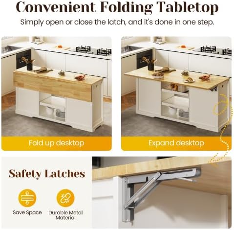 Kitchen Island with Charging Station Wood Kitchen Cart with Drawers Cabinet | Kitchen Island Cart, Wood Top Kitchen Island with Drawer Cabinet & Dual Pull‑Out Trays for Household Storage