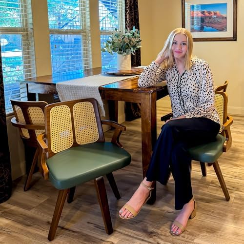 Walnut Dining Chairs - Swivel Rattan Dining Chairs with Bentwood Frame with Ergonomic Cane Back, Curved Arms, MCM Dining Chairs for Kitchen/Restaurant/Living Room/Conference (Walnut Green, Set of 2)
