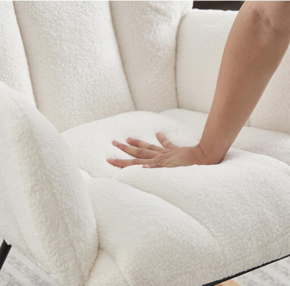 Glider Chair for Living Room Tufted Upholstered Teddy Fabric Rocking Chair with Metal Frame Accent Chair (Ivory)