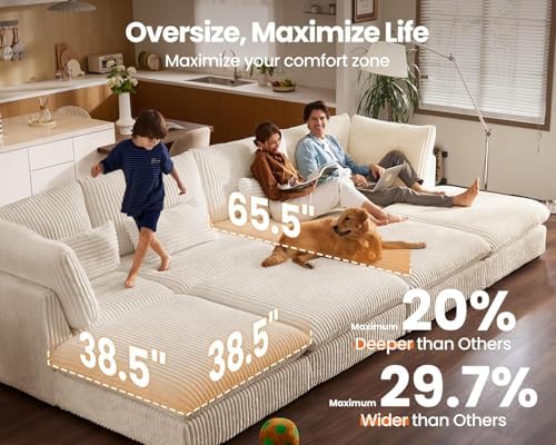 115" Oversize Corduroy Modular Sectional Sofa Couches for Living Room,White | Washable Couch with Fully Removable Cover, Cloud Couch Sectional, 5 Seater with Ottoman, Corner & V-Shaped