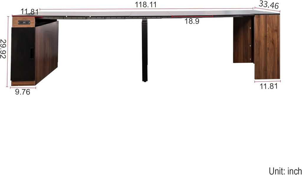 Transforming Table Extender for Dining Table, Pull Out Table, Transformer Console with Storage & Built-in Outlet, Folding Dining Table for 12, Walnut Black