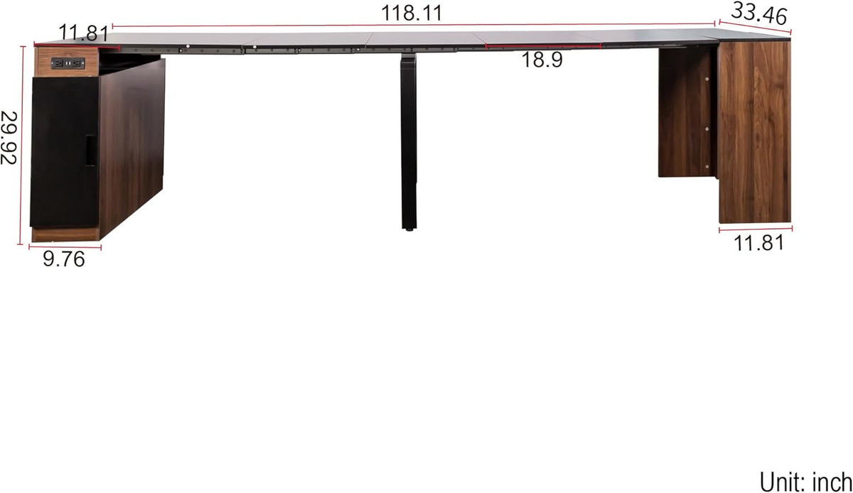Transforming Table Extender for Dining Table, Pull Out Table, Transformer Console with Storage & Built-in Outlet, Folding Dining Table for 12, Walnut Black
