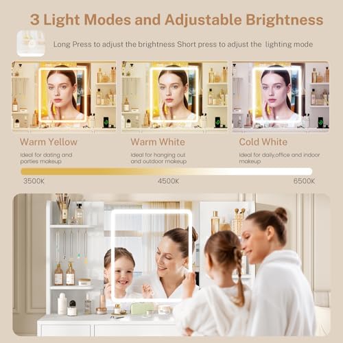 Quimoo Large Vanity Desk with LED Lighted Mirror & Power Outlet, Makeup Vanity Table with 7 Drawers,4 Shelves and 5 Hooks, White Vanity for Bedroom, Bathroom