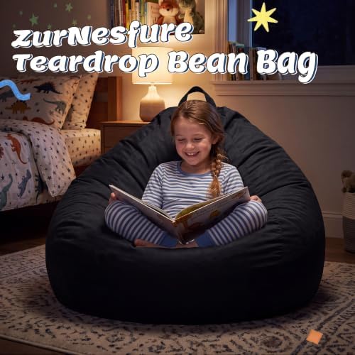 ZurNesfure Bean Bag Chair, Teardrop Large Bean Bag with Filling Black, 3FT | Bean Bag Chairs for Living Room, Washable Comfy Chair with Handle, Fluffy Bean Bag for Reading Gaming Relaxing