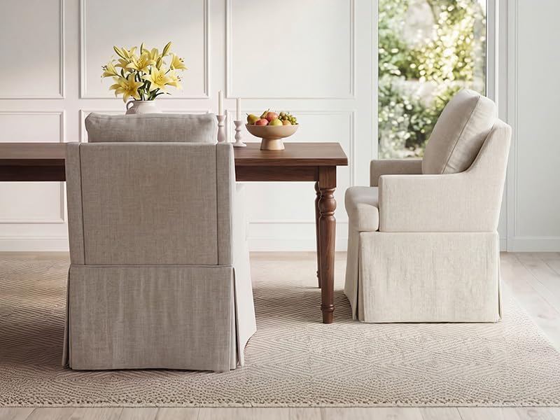 UVV Upholstered Dining Chairs Set of 2, Modern Kitchen Chair Dining Room Chair with 4 Casters, Linen Armchair for Bedroom Reading Room Living Room,Beige