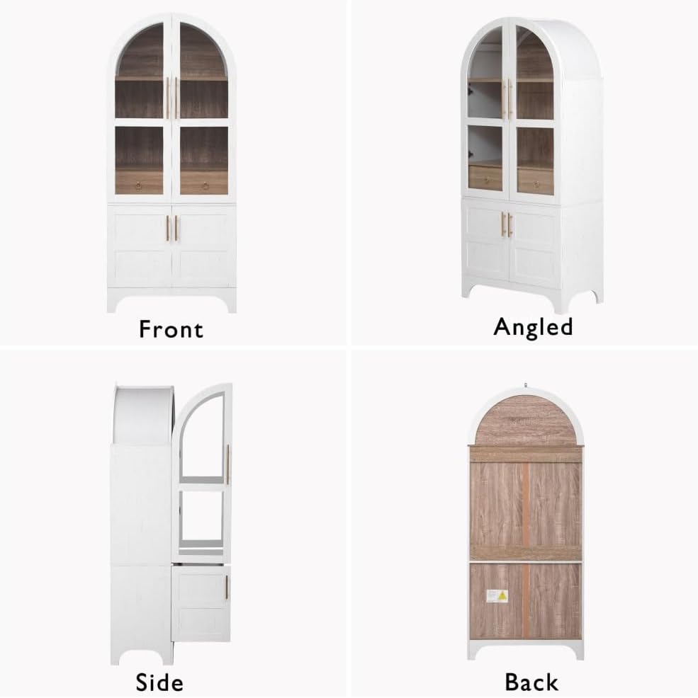71" Tall Wooden Arched Storage Cabinet, Kitchen Pantry Cabinet with Hidden Drawer & Glass Door for Kitchen, Dining Room, Living Room and Bathroom (White)