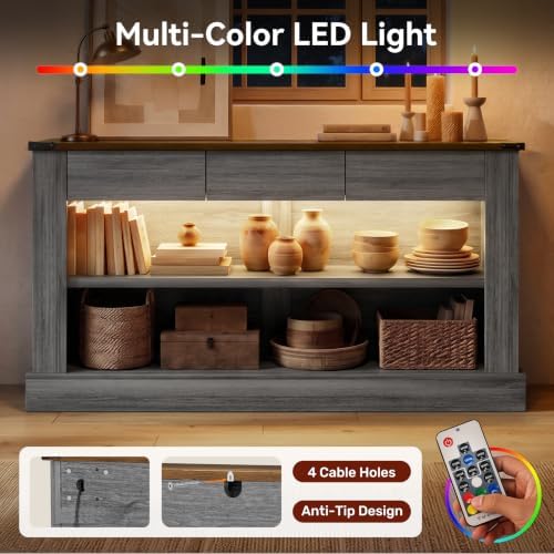 Miereirl 63" Console Table with Drawers & LED Light, Brown & Dark Grey