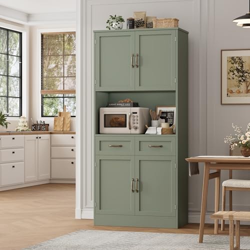 HOSTACK 71" Tall Kitchen Pantry Storage Cabinet, Wood Kitchen Hutch, Green | Modern Pantry Cabinet with Microwave Stand, Hutch Cabinet with Countertop & Drawers, Storage Cabinet for Living Room