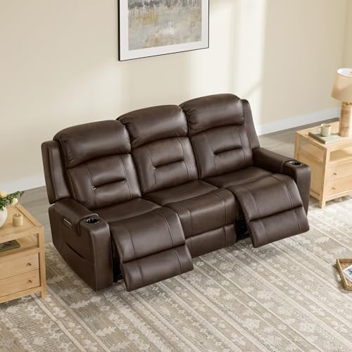 Watson & Whitely Genuine Leather Lay Flat Power Reclining Sofa, Brown | 3-Seater Recliner Couch, Power Headrests, Cup Holders, USB & Type-C Charging Ports, Electric Reclining, Living Room