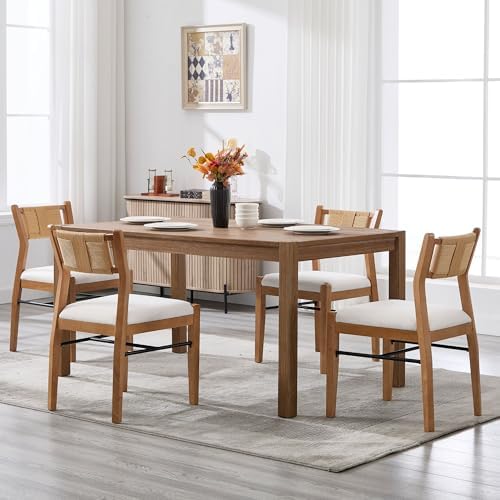 BESTANO Modern Armless Dining Chairs with Rope Woven Back Set of 6, Beige Linen Fabric Upholstered Kitchen & Dining Room Chairs, Mid-Century Classic Farmhouse Wooden Side Chair