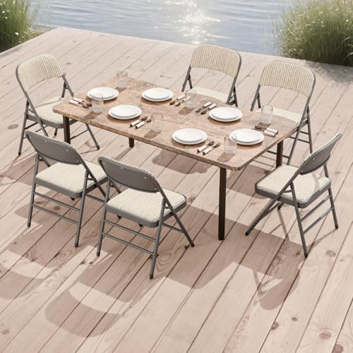 6 Pack Padded Folding Chairs with Fabric Cushion and Back, Oatmeal Stripe | Heavy Duty Foldable Dining Chair Set with Steel Frame Stackable Seat for Party Home Office Event Wedding Indoor Outdoor