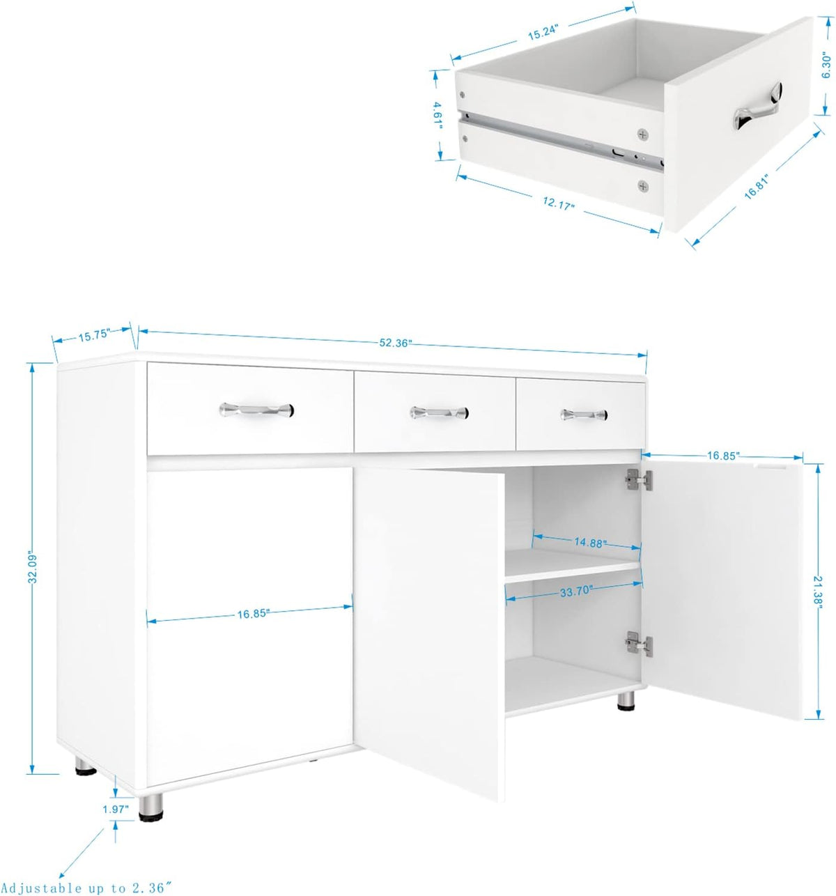 Storage Drawer File Cabinet Side Cabinet Entryway Console Side Tables with Three Drawers and Three Doors for Office or Kitchen Room (Three Doors, White)