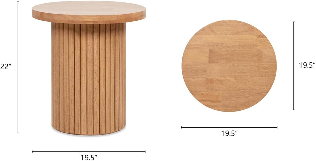 Jennifer Taylor Home Kenzie 19.5" Fluted Pillar Round Accent Side Table, Light Natural Brown Rubberwood