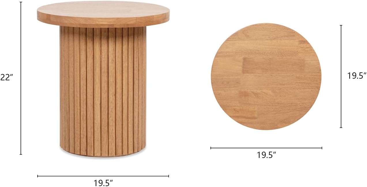 Jennifer Taylor Home Kenzie 19.5" Fluted Pillar Round Accent Side Table, Light Natural Brown Rubberwood