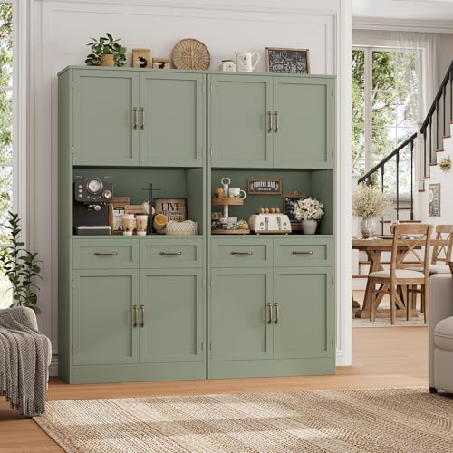 HOSTACK 71" Tall Kitchen Pantry Storage Cabinet, Wood Kitchen Hutch, Green | Modern Pantry Cabinet with Microwave Stand, Hutch Cabinet with Countertop & Drawers, Storage Cabinet for Living Room