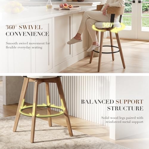 Ya-Home Mid-Century Bar Stools Set of 3, 26 Inch Swivel Counter Height Stools Linen Fabric Barstools with Barrel Backrest Wooden Legs for Kitchen Island Dining Room, White