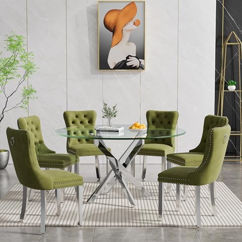 Henf 7 Piece Round Dining Table Set with 6 Upholstered Chairs, 47'' Glass Round Kitchen Table Set for 6, X-Shape Metal Legs, Modern Silver Glass Dining Table and Chair Set for 6