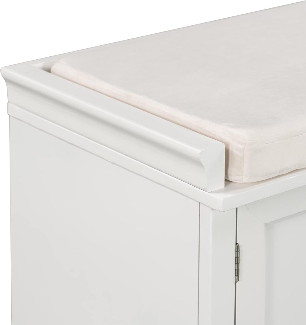 GDFStudio Jasd 42.50" Storage Bench with 2 Drawers and 2 Cabinets, Shoe Bench with Removable Cushion, Solid Wood Frame Storage Ottoman, Rectangular Cabinet Shoe Seat for Living Room Entryway, White