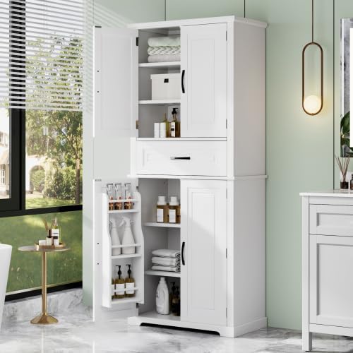 72 Inch Storage Cabinet, Tall Kitchen Pantry Cabinet with Slide Rails Drawer and Adjustable Shelf, Linen Storage Cabinet with Doors and Functional Storage Rack, for Bathroom or Kitchen, White