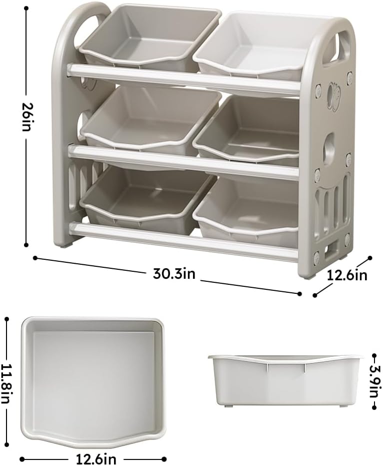 Kids Toy Storage Organizer, 3-Tier Shelves Multi-Functional Kids Storage Organizer with 6 Removable Bins Large Storage Capacity for Boys Girls Bedroom Playroom, Nursery (Grey)