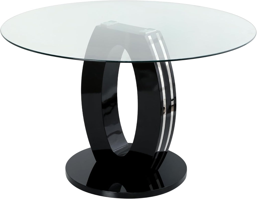 RGZ 47'' Modern Luxury Clear Glass Round Dining Table for 4-6, Glass Circle Top Kitchen Table with Elegant Silver Decorative Strips & Black Base, Circular Apartment Dinner Table for Home, Living Room