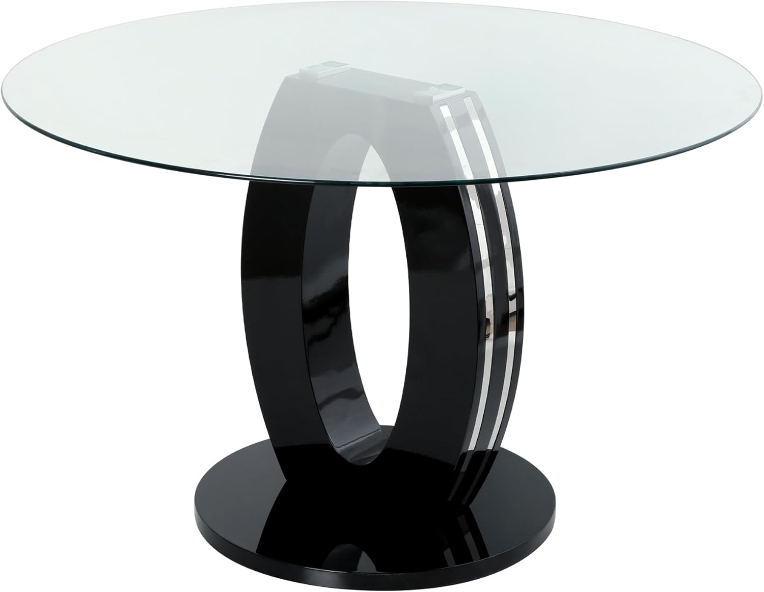 RGZ 47'' Modern Luxury Clear Glass Round Dining Table for 4-6, Glass Circle Top Kitchen Table with Elegant Silver Decorative Strips & Black Base, Circular Apartment Dinner Table for Home, Living Room