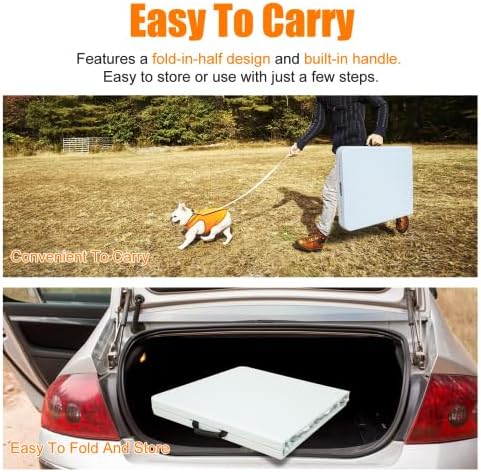 Folding Table 4FT, Heavy Duty Portable Plastic Folding Table with Handle, Anti-Slip Feet, Waterproof, Easy to Clean, Adjustable Height, 300LBS Capacity, Foldable for Indoor Outdoor Use(White)