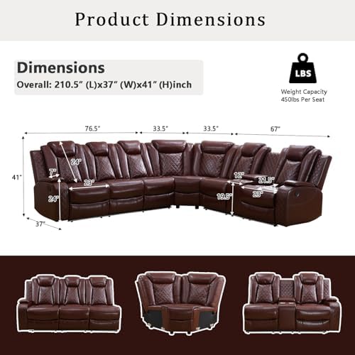 A Ainehome Power LED Reclining Sectional Sofa Set, Living Room Power Recliner Adjustable Sofa, Loveseat and Chair with Storage Console for Home/Office(A-Brown)