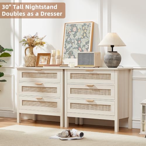 LEYAOYAO 31.5" Wide Rattan Nightstand, Large Boho 3 Drawer Night Stand | Grey White Bedside Table with Storage, Tall Bed Side End Tables for Bedroom, Living Room, Hallway