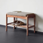 Solid Wood Shoe Bench, 24 Inch Entryway Bench with Gray Cushion | Rich walnut finish with soft gray cushion creates a warm modern seating piece for entryways and living spaces.