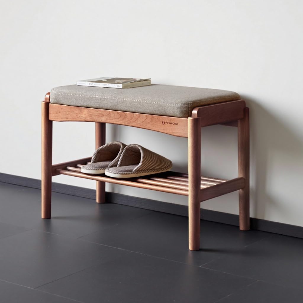 Solid Wood Shoe Bench, 24 Inch Entryway Bench with Gray Cushion | Rich walnut finish with soft gray cushion creates a warm modern seating piece for entryways and living spaces.