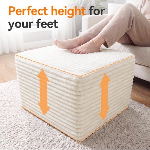 23in Square Pouf Ottoman, Large Corduroy Ottoman Foot Rest with Solid High-Density Foam, Removable Washable Cover, Soft Floor Foot Stool for Living Room, Bedroom, Beige