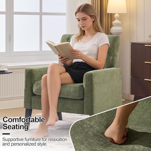 Mid Century Modern Accent Chairs Set of 2, Green Chenille Office Chair for Reception - Tufted Upholstered Club Chair for Living Room, Bedroom, or Waiting Room
