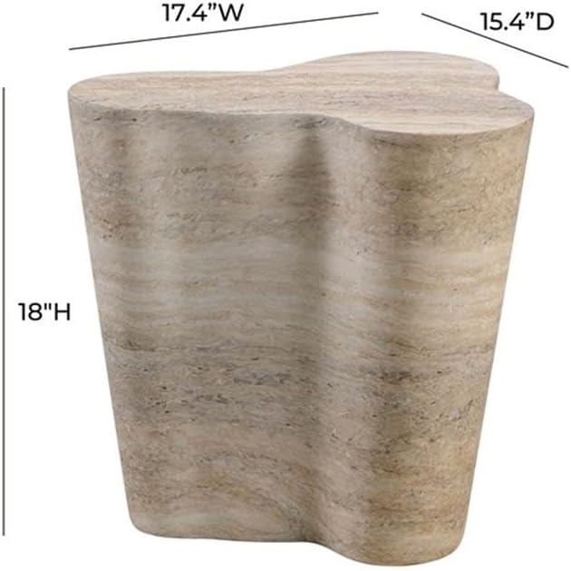 MAKLAINE Transitional Faux Travertine End Table, Tan Finish, Concrete Material, Short Free-Form Shape, Minimalist Style, Handmade for Modern Living Room Décor