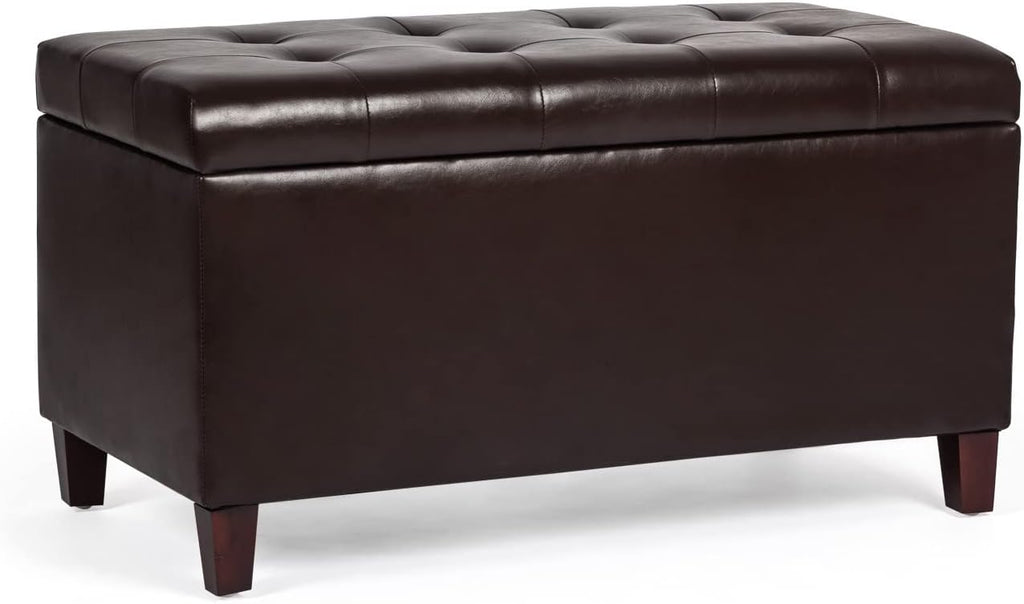 Asense Storage Ottoman Bench, 33" Faux Leather Upholstered End of Bed Bench with Safety Hinge,Wooden Legs,for Entryway Bedroom Living Room,Chocolate Brown