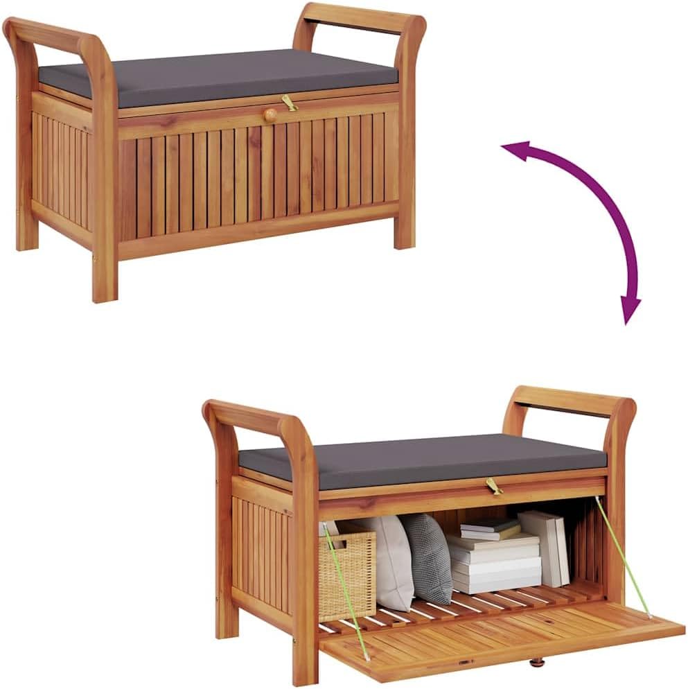 Garden Storage Bench with Cushion, Solid Acacia Wood Outdoor Storage Bench, Comfortable Seating and Ample for Garden Tools