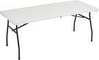 Amazon Basics Heavy Duty Portable Folding Table, 6 ft, Indoor & Outdoor, Fold-in-Half Design with Carrying Handle, White | Portable