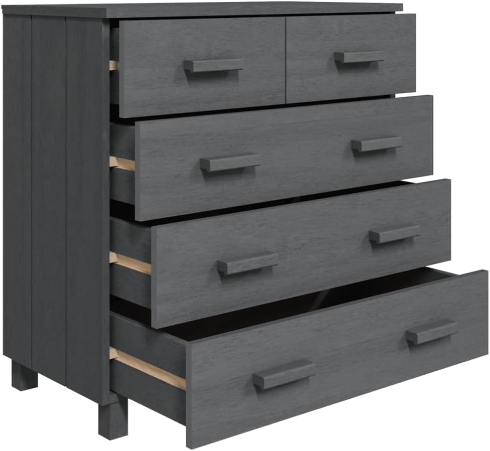 Dark Grey Solid Pine Wood Medium Sideboard with 5 Drawers, Modern Storage Cabinet for Living Room Dining Area Hallway, Sturdy Construction Wall Mountable, Ample Storage Space