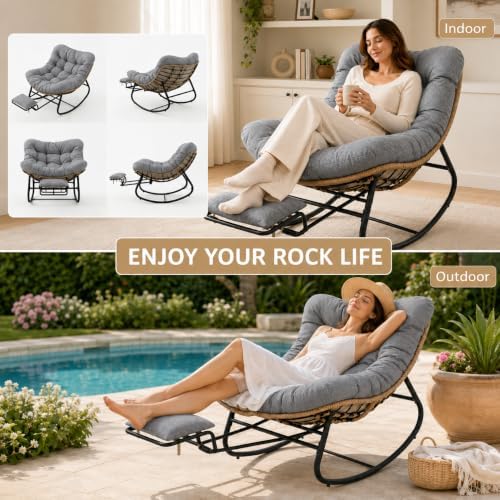 Oversized Rocking Chair with Zero-Gravity Foot Rest & Ottoman, Comfy Lounge Chair for Patio, Porch, Balcony, Indoor Reading Nook, Big Cozy Chaise Chair for Outdoor & Home Use, Grey