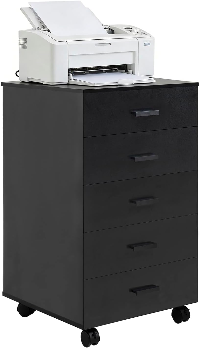 SweetGO 5 Drawer Storage Cabinet, Under Desk Organizer with Printer Stand Wood Filing cabinets for Home Office, Apartments (Black)