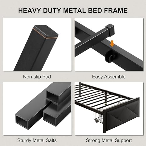 Einhomn Full Size Bed Frame with 2 Storage Drawers, Metal Platform Bed with Charging Station, Upholstered Linen Button Tufted Storage Headboard, No Box Spring Needed, Easy Assembly, Noise Free, Black