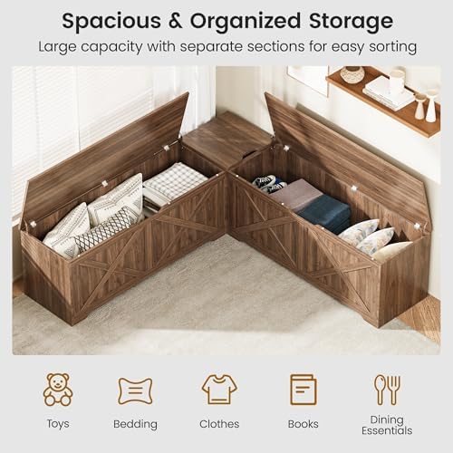 L Shaped Storage Bench, 63" Corner Bench with Storage, Breakfast Nook Bench with 3 Hidden Flip-Top Compartments, Backless Dining Bench for Kitchen, Entryway, Dining Room, Walnut