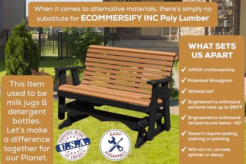 5 FT Cedar Amish-Made Porch Glider – 1000 lb Heavy-Duty Poly Lumber wood Roll Back Glider – USA Crafted HDPE Outdoor Seating Furniture - Stainless Steel Hardware – Smooth, Quiet Glide - CupHolders