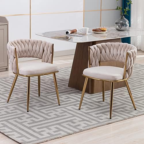 KCC Velvet Dining Chairs Set of 2,Woven Chairs with Metal Legs,Green | Modern Dining Chair with Metal Legs, Upholstered Dining Chairs for Dining Room, Kitchen, Vanity, Living Room