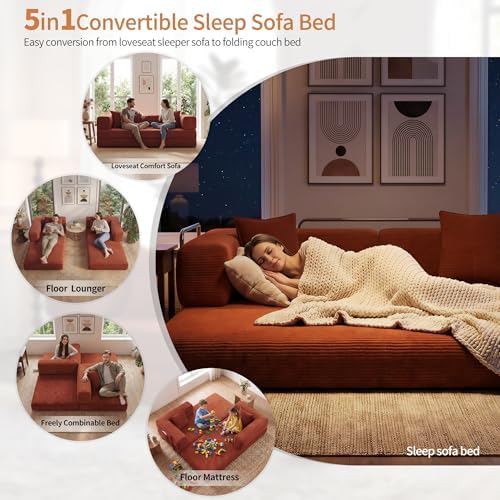 78.8" Couch for Living Room, Futon Sleeper Sofa Bed | Convertible Sofa Bed, Corduroy Pull Out Couch Loveseat with Storage Pocket, Modular Design, No Assembly, Orange