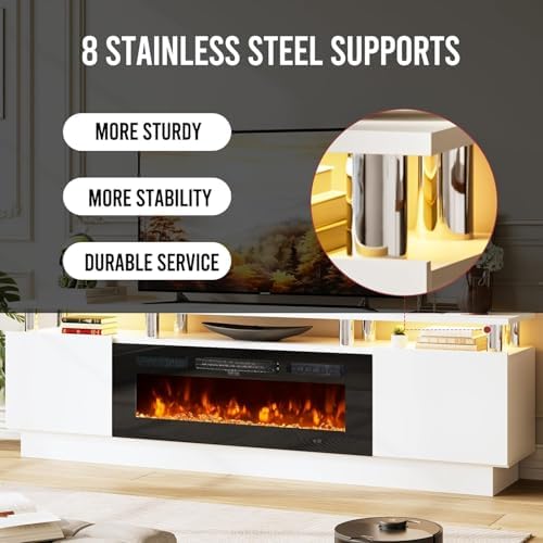 80" Fireplace TV Stand, 2-Tier LED Entertainment Center with 36" Fireplace, Fits TVs up to 90", Modern High Gloss TV Console with LED Lights & Storage Cabinets for Living Room, White + Black