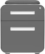 Laura Davidson Furniture STOCKPILE Mini Seated 2 Drawer Mobile File Cabinet with Removable Magnetic Cushion Seat - Short Version, Metal Filing Cabinet, Pre-Assembled, Dark Grey Face with Grey Cushion
